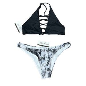 Dippin Daisy's Bikini 2 Piece Set Size L Mix & Match Marble Caged Top Bottom NWT